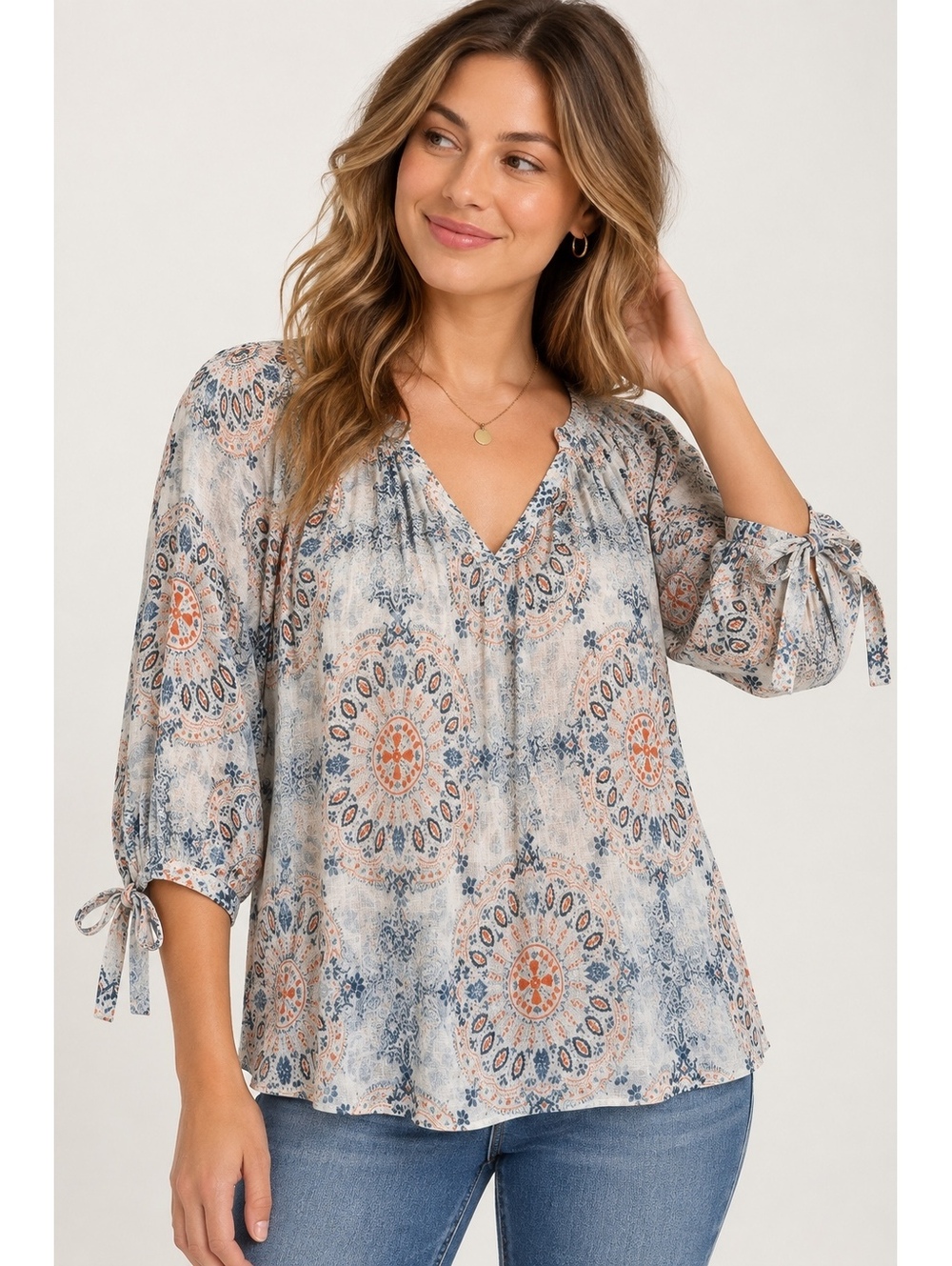 A:Glow Women’s XL Boho Medallion Blouse Fall Cottagecore V Neck 100 rayon Top